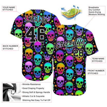 Custom 3D Pattern Bright Multicolored Halloween Skulls Authentic Baseball Jersey - Sky-Custom