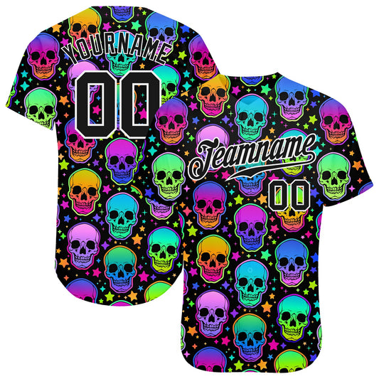Custom 3D Pattern Bright Multicolored Halloween Skulls Authentic Baseball Jersey - Sky-Custom
