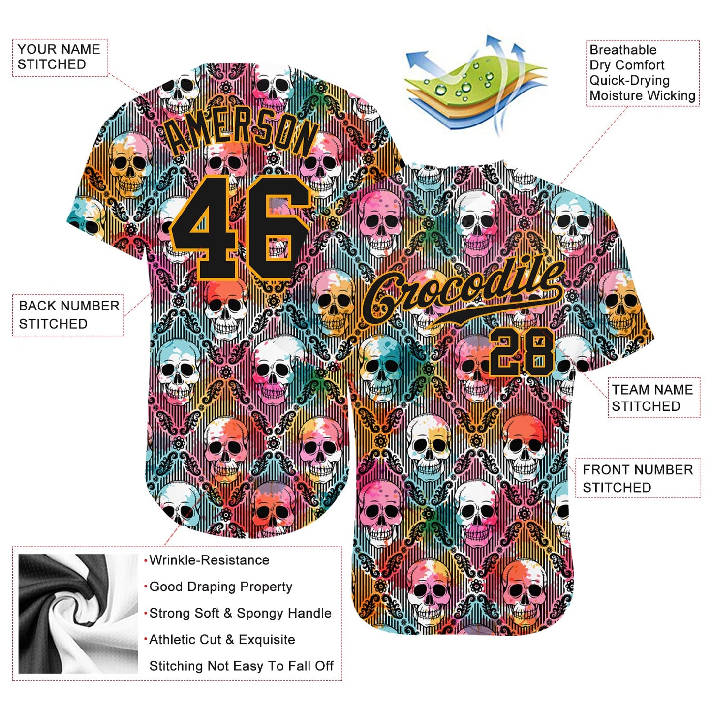 Custom 3D Pattern Halloween Skulls Authentic Baseball Jersey - Sky-Custom