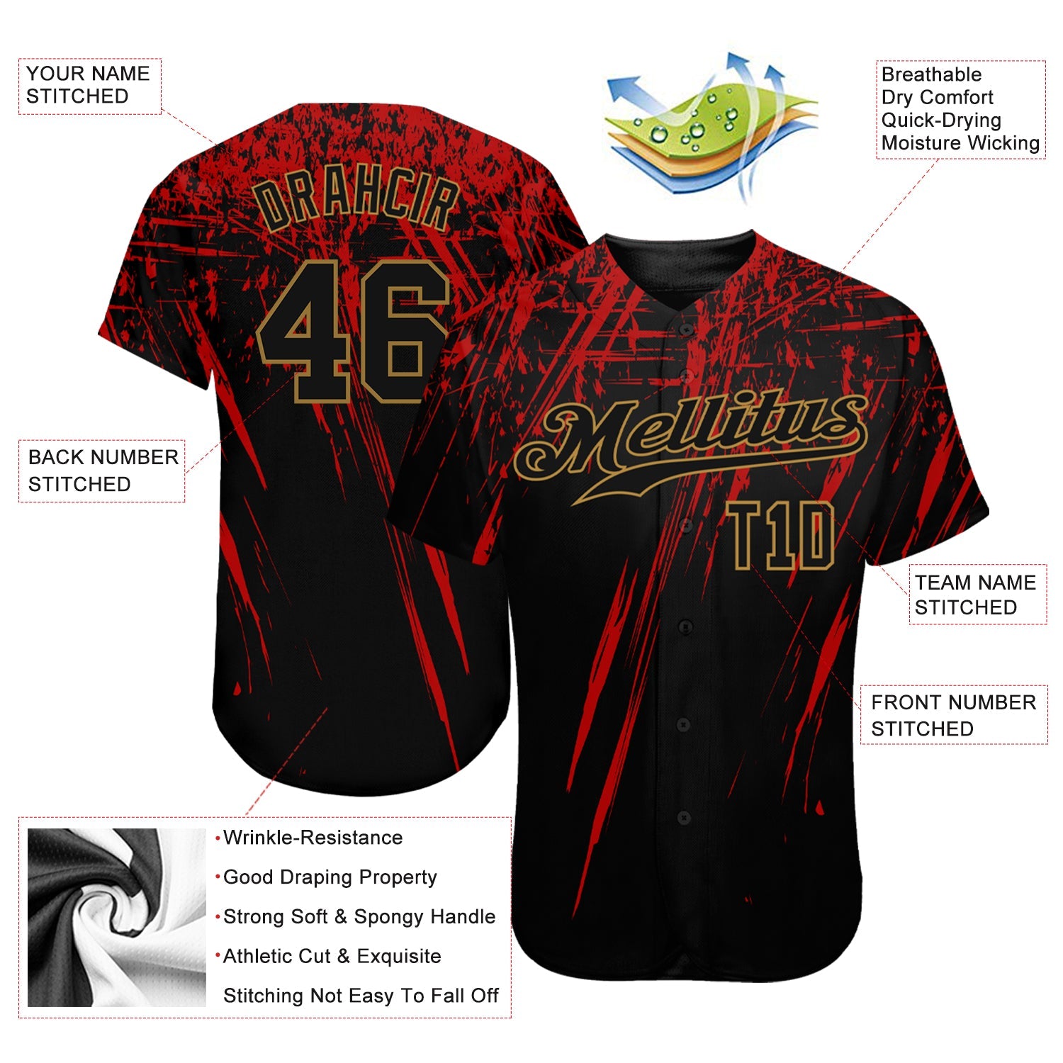 Custom Black Black Red-Old Gold 3D Pattern Design Authentic Baseball Jersey - Sky-Custom