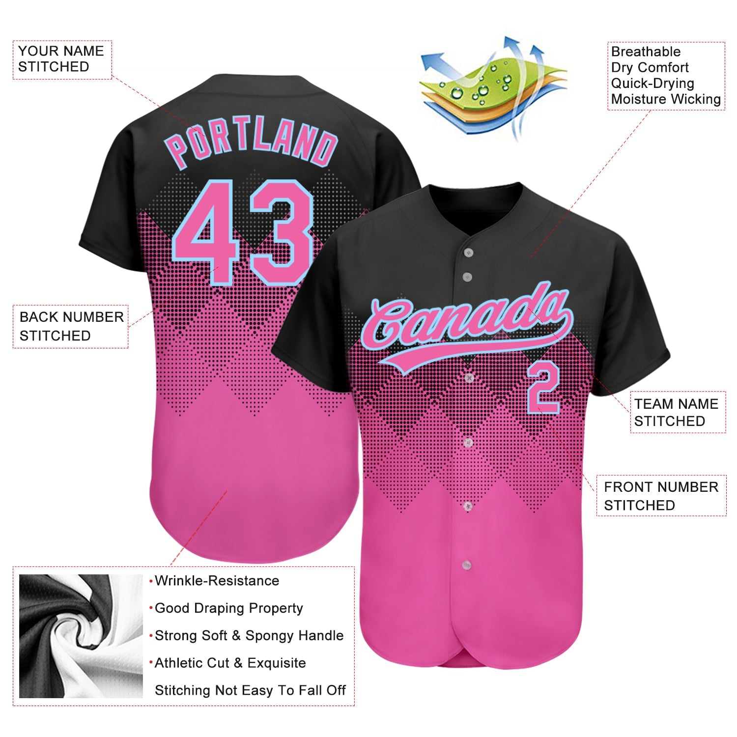 Custom Black Pink-Light Blue 3D Pattern Design Authentic Baseball Jersey - Sky-Custom