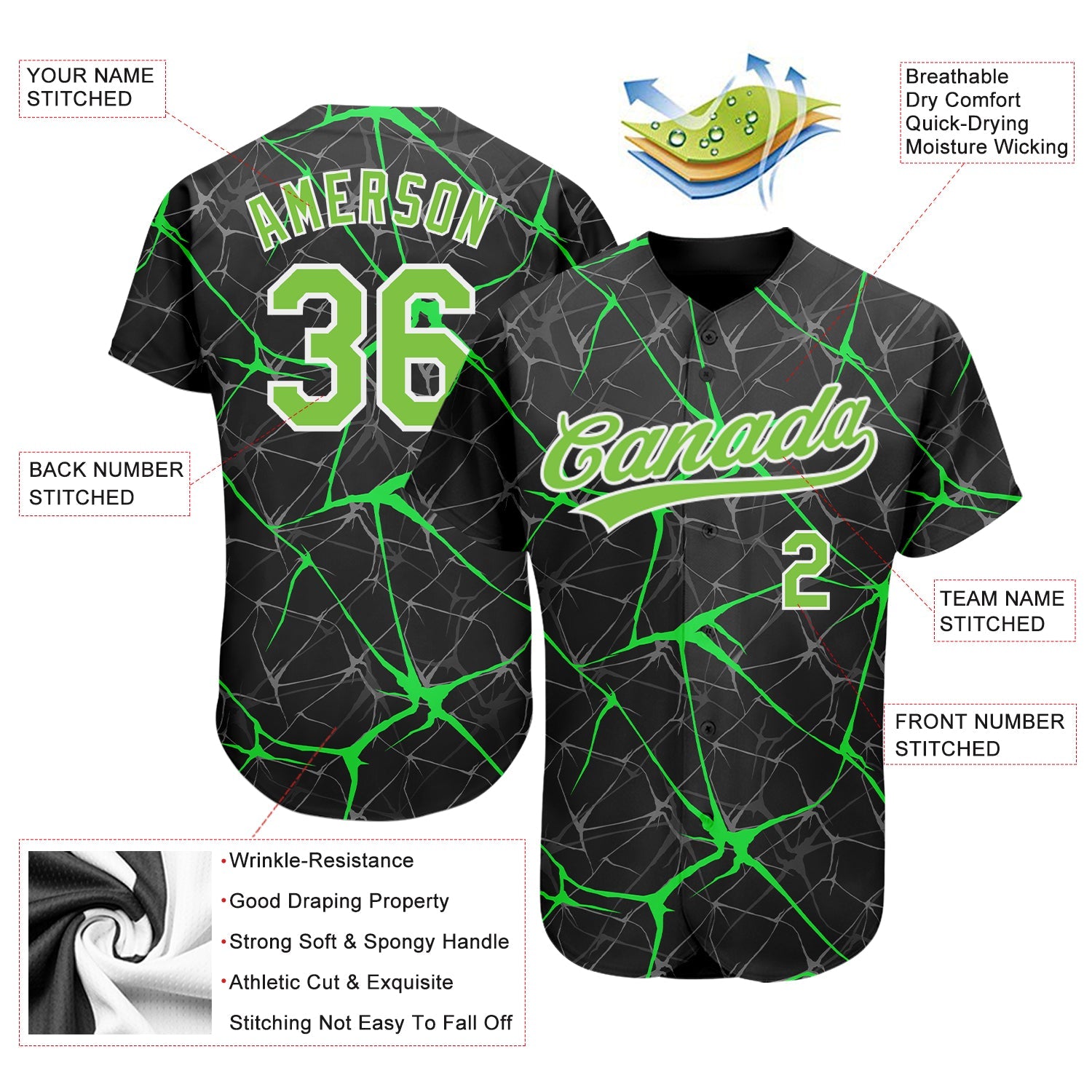 Custom Black Neon Green-White 3D Pattern Design Authentic Baseball Jersey - Sky-Custom