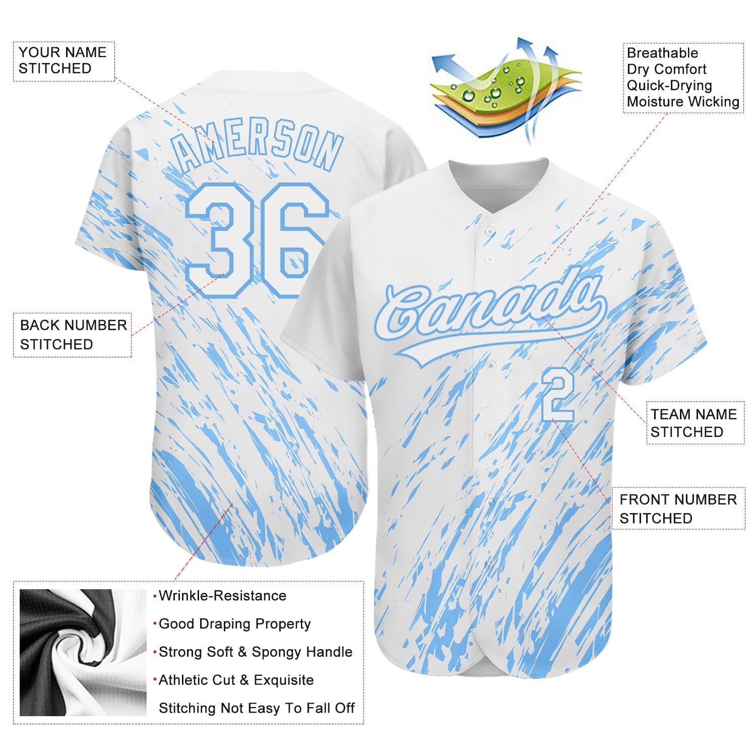 Custom White Light Blue 3D Pattern Design Authentic Baseball Jersey - Sky-Custom