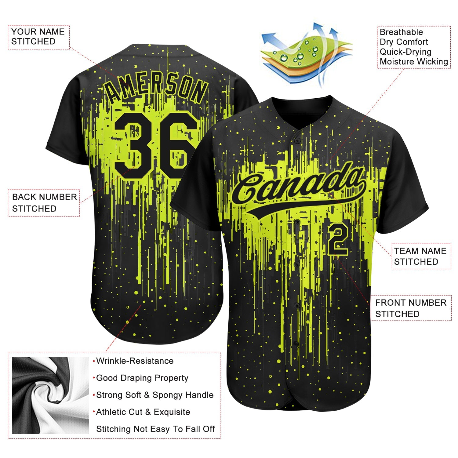 Custom Neon Green Black 3D Pattern Design Dripping Splatter Art Authentic Baseball Jersey - Sky-Custom