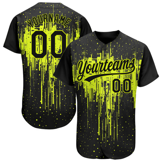 Custom Neon Green Black 3D Pattern Design Dripping Splatter Art Authentic Baseball Jersey - Sky-Custom