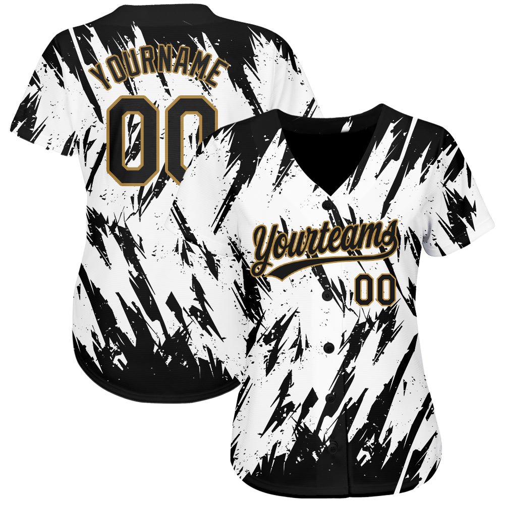 Custom White Black-Old Gold 3D Pattern Design Authentic Baseball Jersey - Sky-Custom