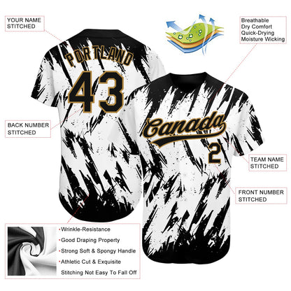 Custom White Black-Old Gold 3D Pattern Design Authentic Baseball Jersey - Sky-Custom