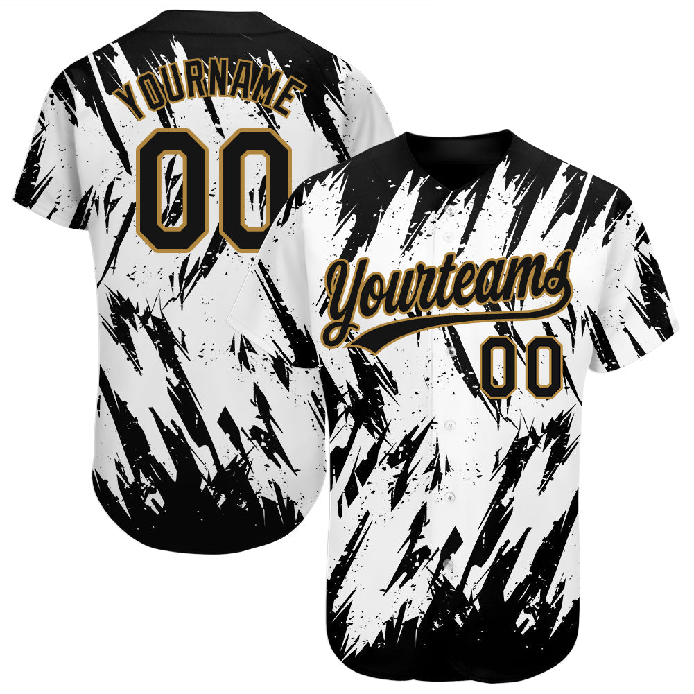 Custom White Black-Old Gold 3D Pattern Design Authentic Baseball Jersey - Sky-Custom