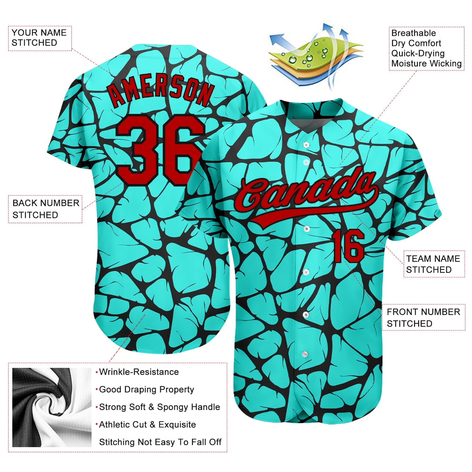 Custom Teal Red-Black 3D Pattern Design Authentic Baseball Jersey - Sky-Custom