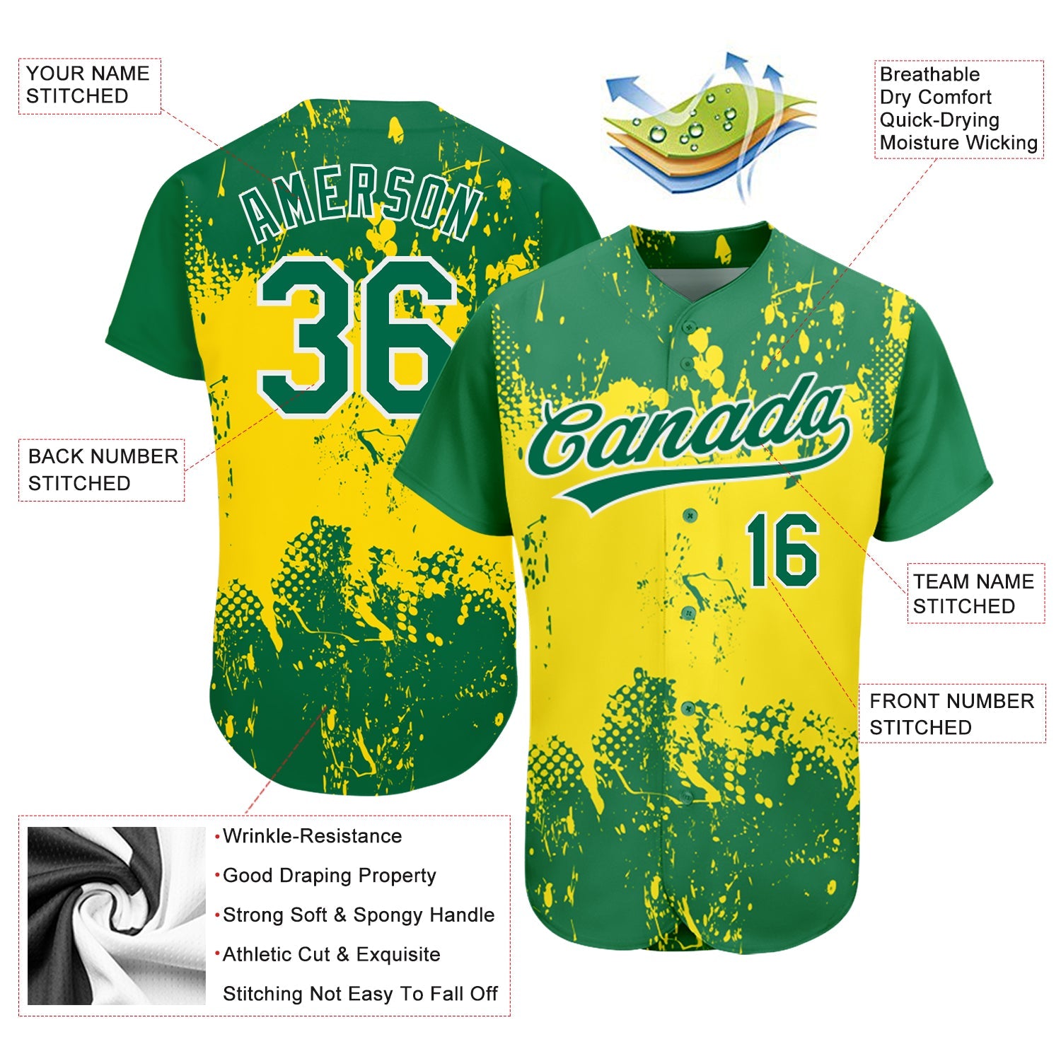 Custom Gold Green-White 3D Pattern Design Authentic Baseball Jersey - Sky-Custom