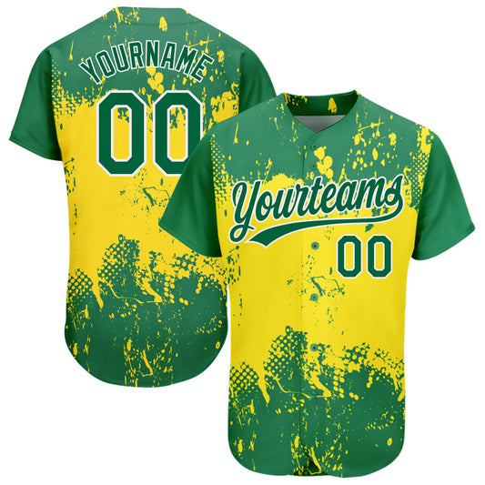 Custom Gold Green-White 3D Pattern Design Authentic Baseball Jersey - Sky-Custom