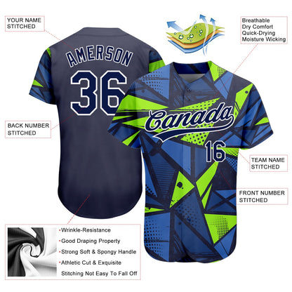 Custom Navy Navy-Neon Green 3D Pattern Design Authentic Baseball Jersey - Sky-Custom