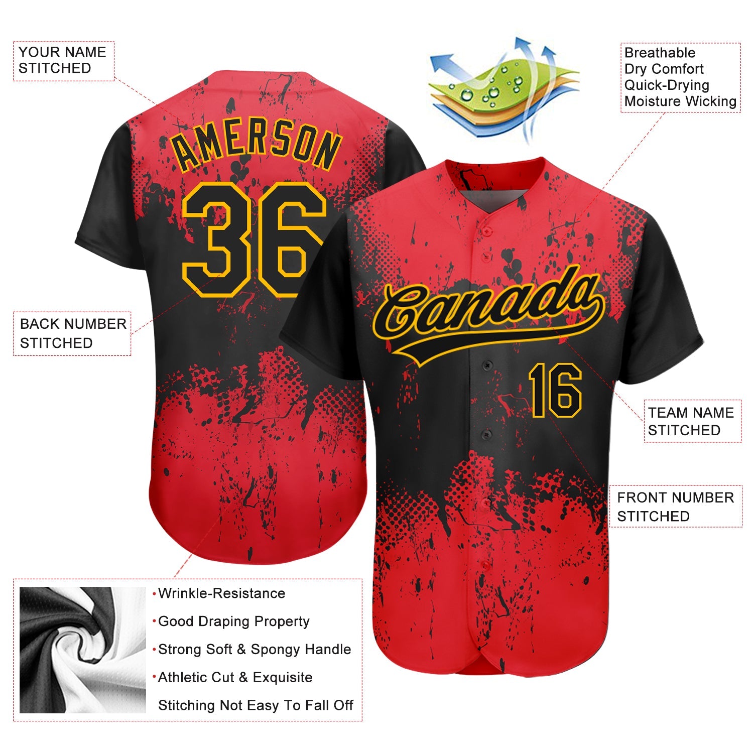 Custom Red Black-Gold 3D Pattern Design Authentic Baseball Jersey - Sky-Custom