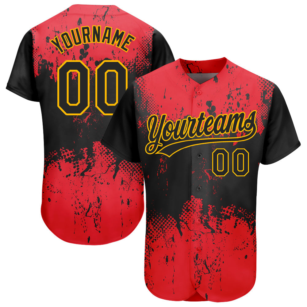 Custom Red Black-Gold 3D Pattern Design Authentic Baseball Jersey - Sky-Custom