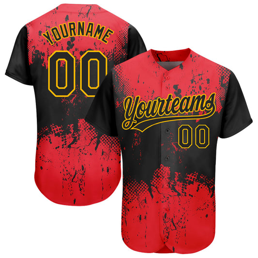 Custom Red Black-Gold 3D Pattern Design Authentic Baseball Jersey - Sky-Custom
