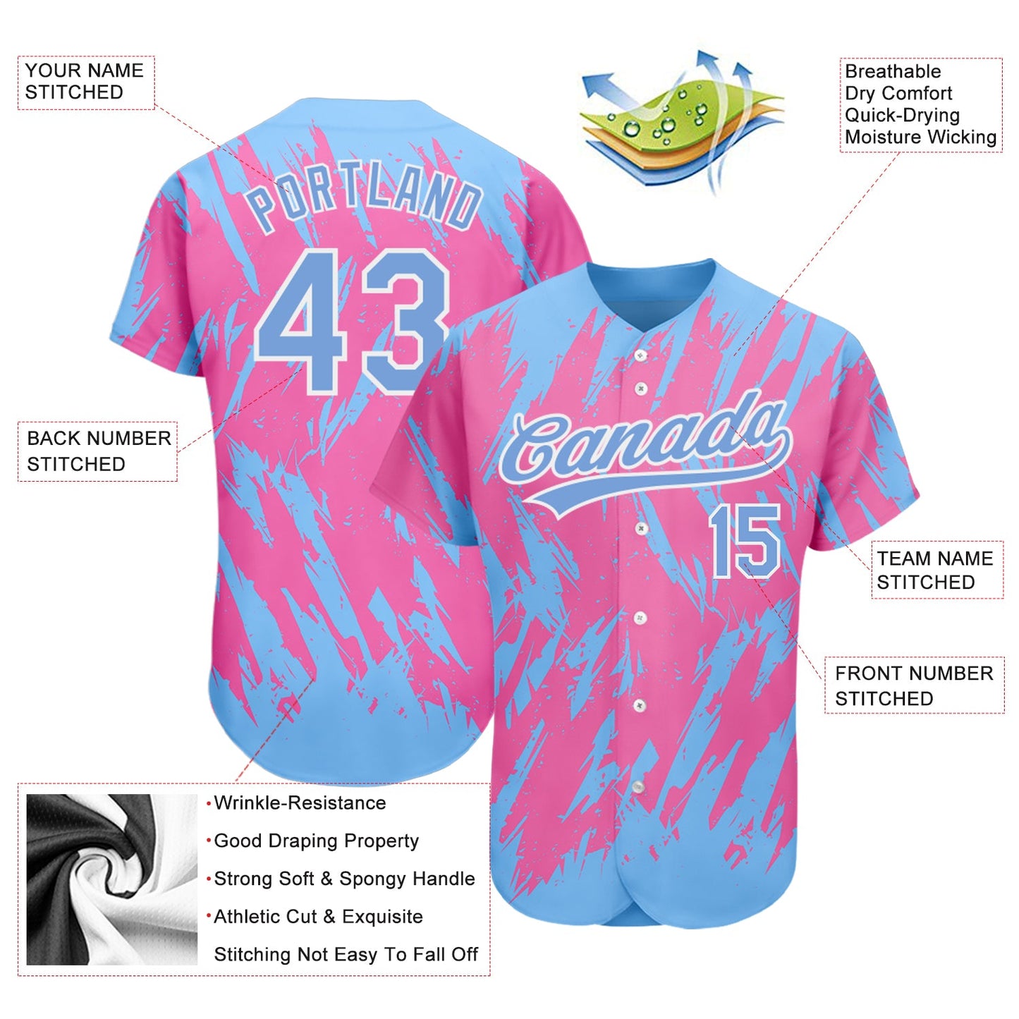 Custom Pink Powder Blue-White 3D Pattern Design Authentic Baseball Jersey - Sky-Custom