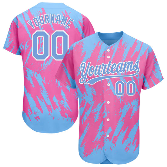 Custom Pink Powder Blue-White 3D Pattern Design Authentic Baseball Jersey - Sky-Custom