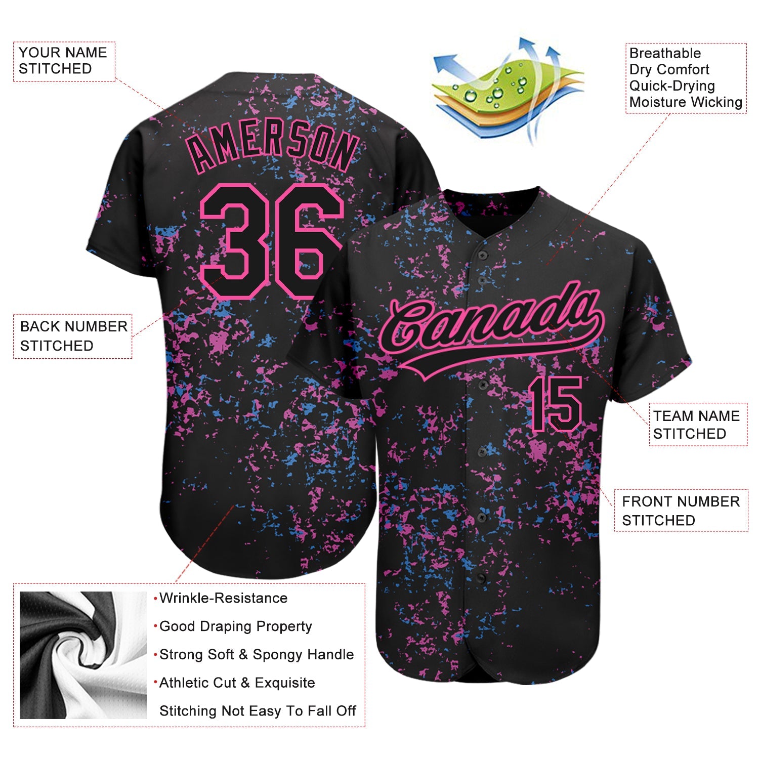 Custom Black Black-Pink 3D Pattern Design Authentic Baseball Jersey - Sky-Custom