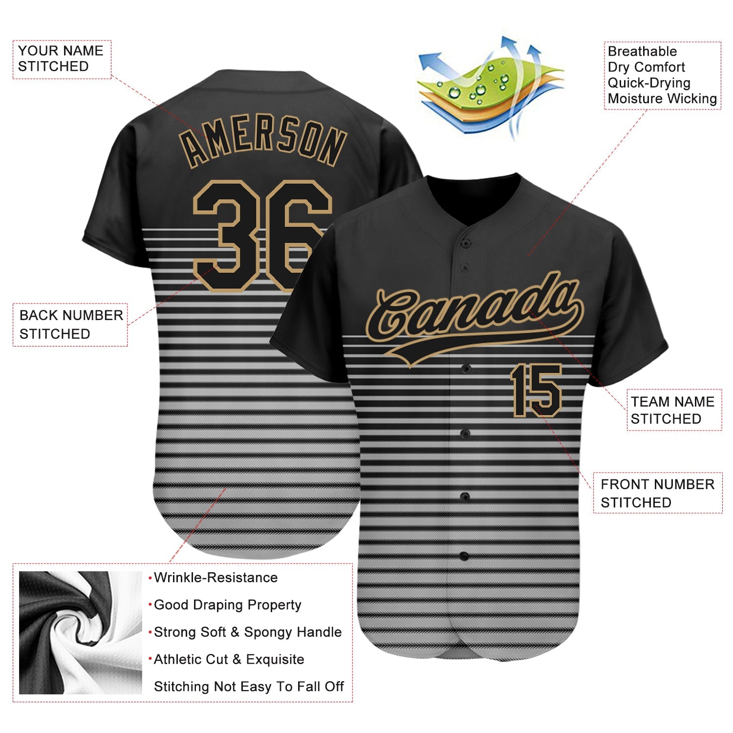 Custom Black Black Old Gold-Gray 3D Pattern Design Authentic Baseball Jersey - Sky-Custom