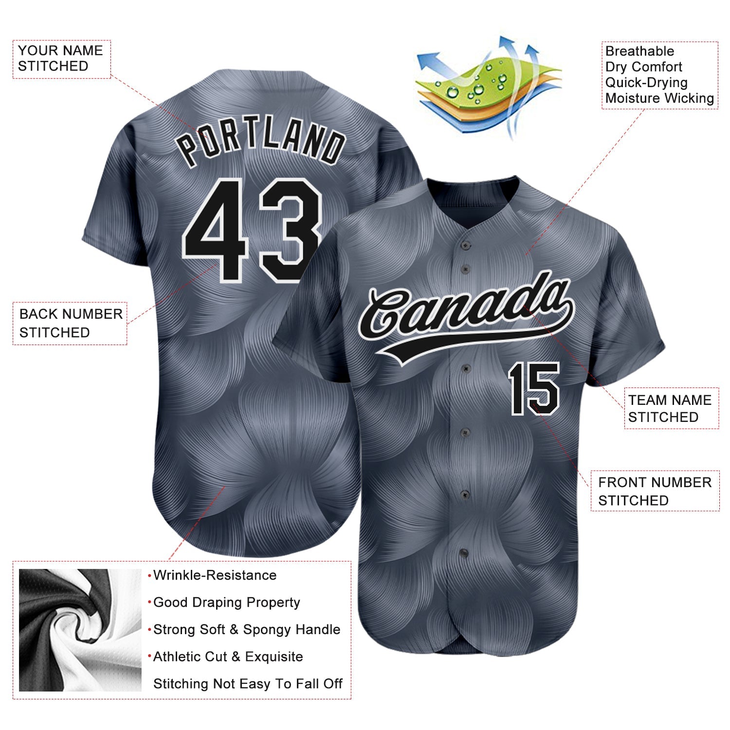 Custom Steel Gray Black-White 3D Pattern Design Authentic Baseball Jersey - Sky-Custom