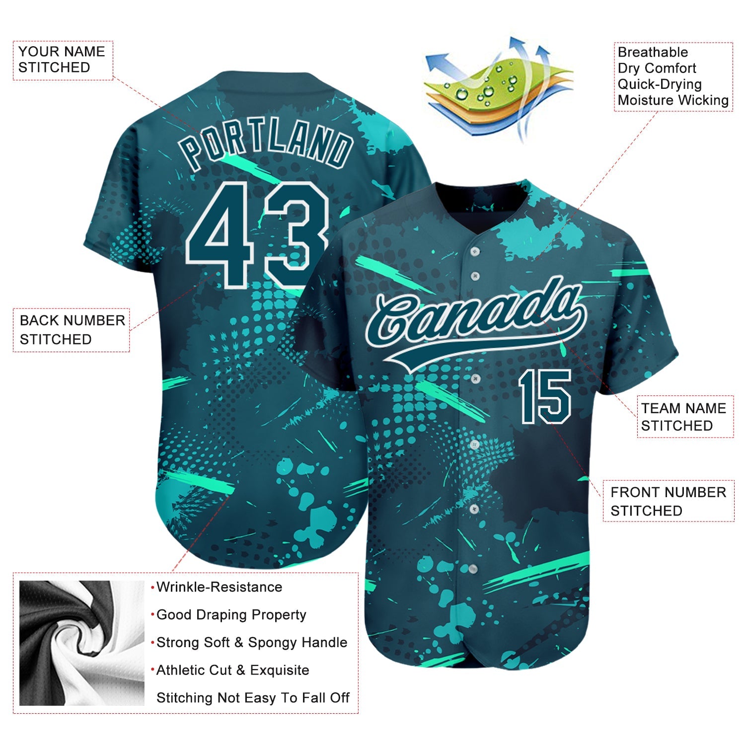 Custom Green Green-Aqua 3D Pattern Design Authentic Baseball Jersey - Sky-Custom