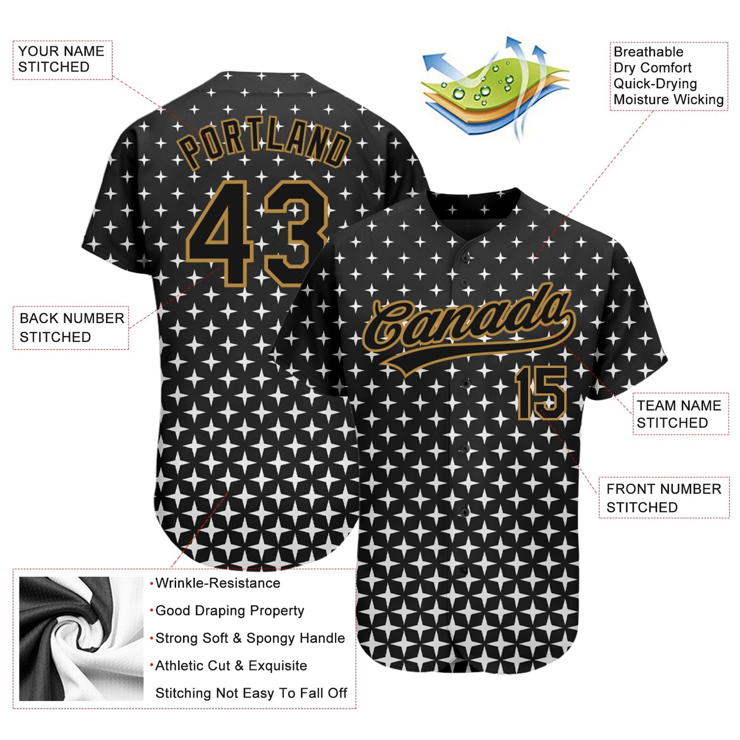 Custom Black Black-Old Gold 3D Pattern Design Authentic Baseball Jersey - Sky-Custom
