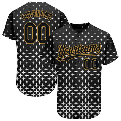Custom Black Black-Old Gold 3D Pattern Design Authentic Baseball Jersey - Sky-Custom