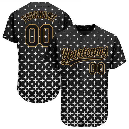 Custom Black Black-Old Gold 3D Pattern Design Authentic Baseball Jersey - Sky-Custom