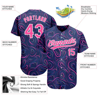 Custom Navy Pink-White 3D Pattern Design Authentic Baseball Jersey - Sky-Custom