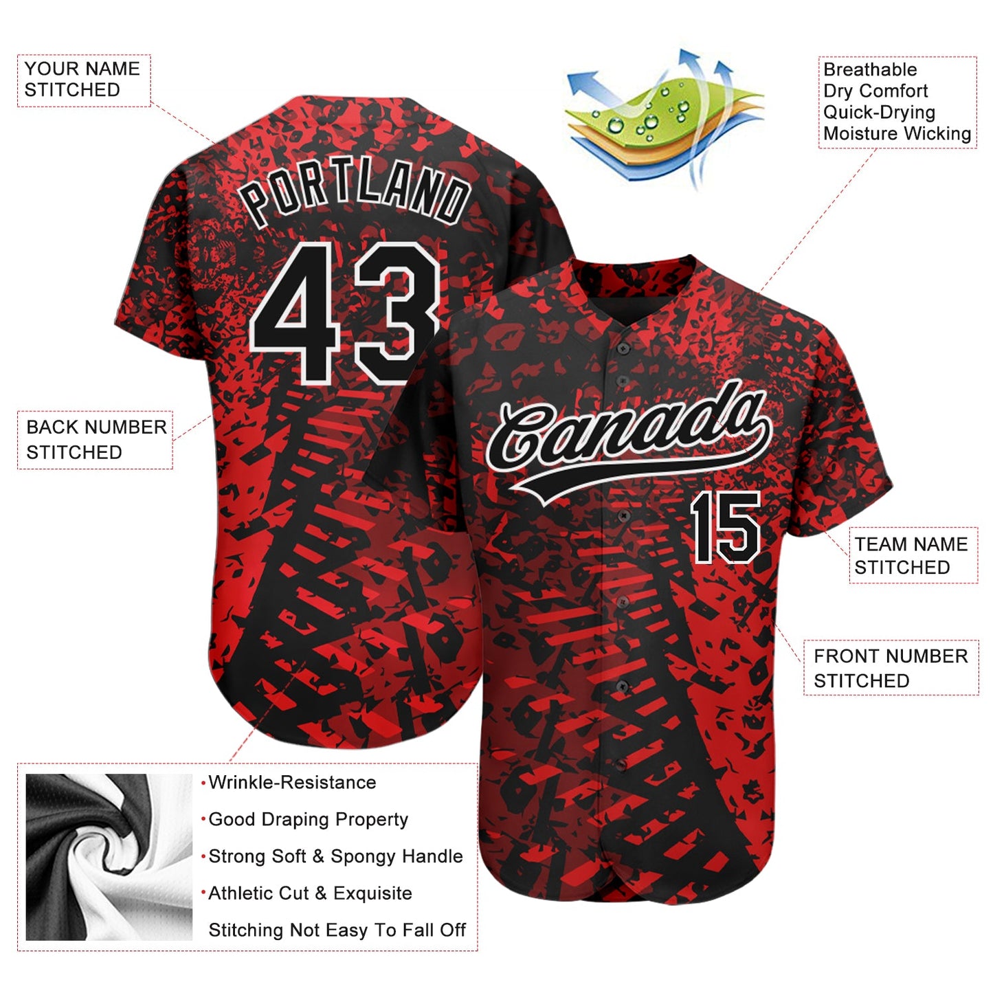 Custom Red Black-White 3D Pattern Design Authentic Baseball Jersey - Sky-Custom
