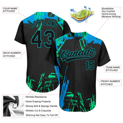 Custom Black Black Teal-Light Blue 3D Pattern Design Authentic Baseball Jersey - Sky-Custom