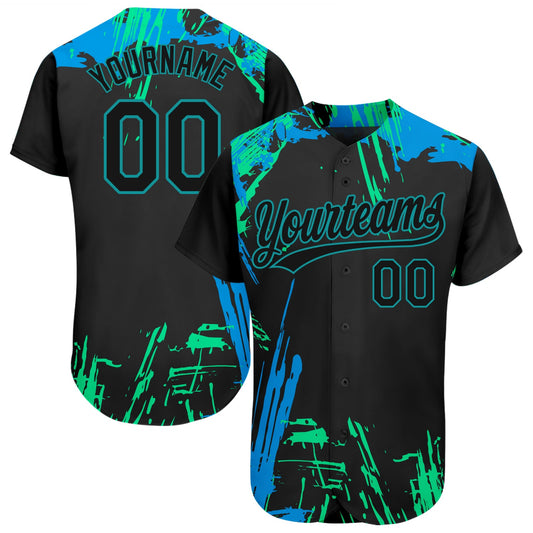 Custom Black Black Teal-Light Blue 3D Pattern Design Authentic Baseball Jersey - Sky-Custom