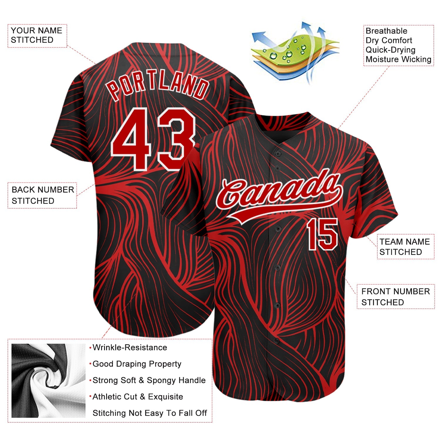 Custom Black Red-White 3D Pattern Design Authentic Baseball Jersey - Sky-Custom