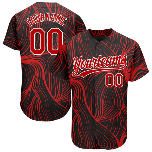 Custom Black Red-White 3D Pattern Design Authentic Baseball Jersey - Sky-Custom