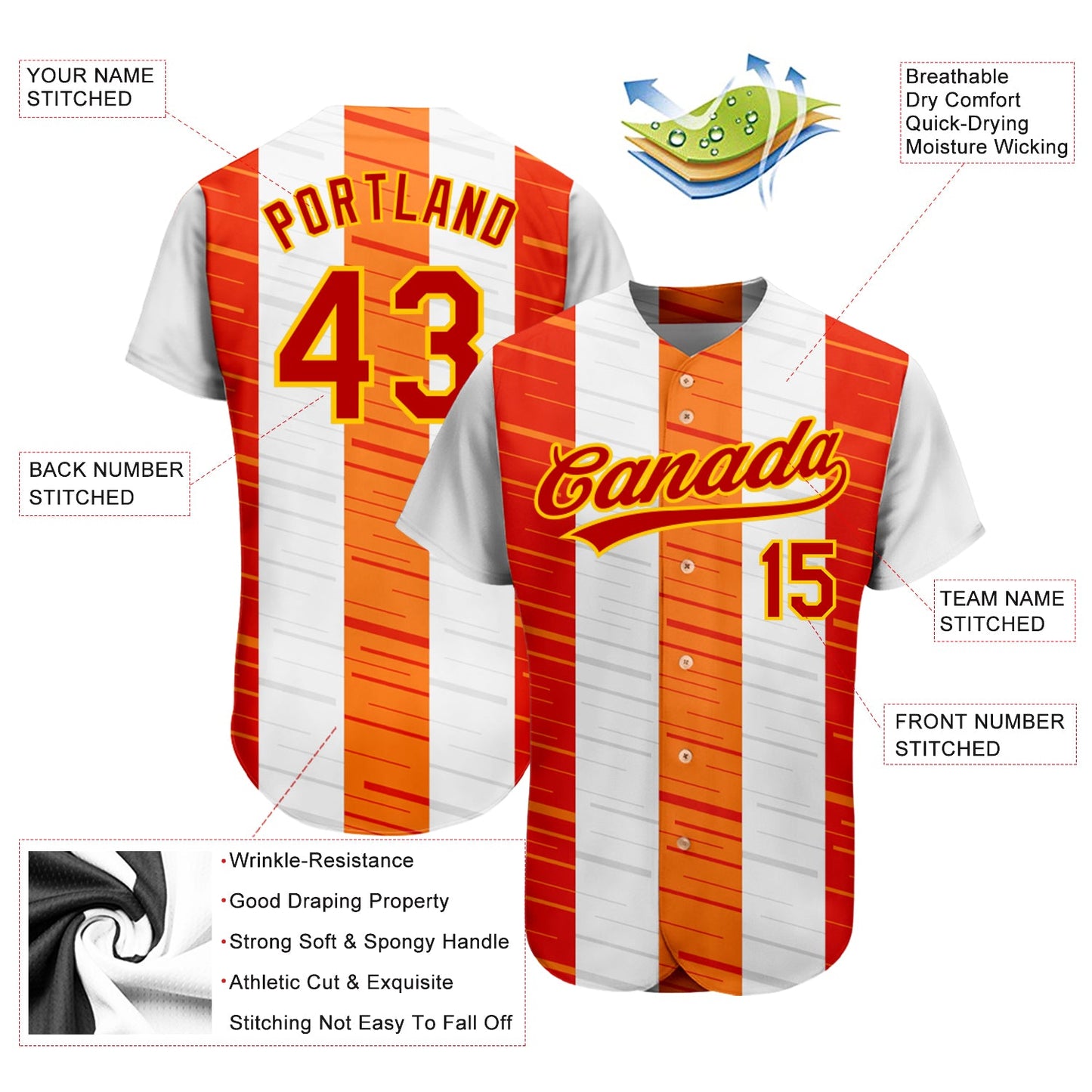 Custom White Red Gold-Orange 3D Pattern Design Authentic Baseball Jersey - Sky-Custom