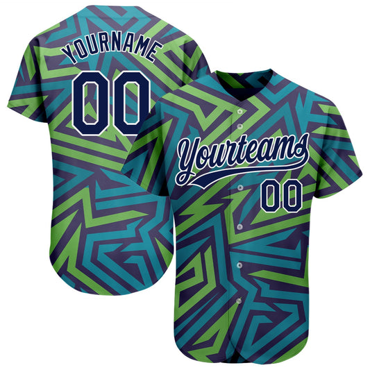 Custom Teal Navy-Kelly Green 3D Pattern Design Authentic Baseball Jersey - Sky-Custom