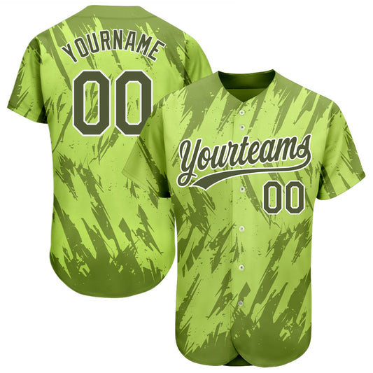 Custom Neon Green Olive-White 3D Pattern Design Authentic Baseball Jersey - Sky-Custom