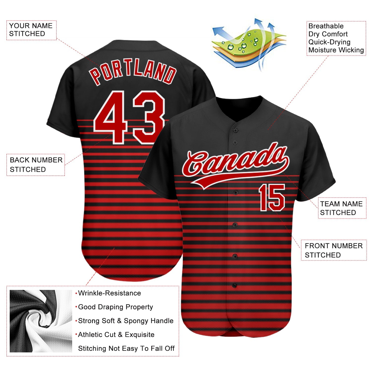Custom Black Red-White 3D Pattern Design Authentic Baseball Jersey - Sky-Custom