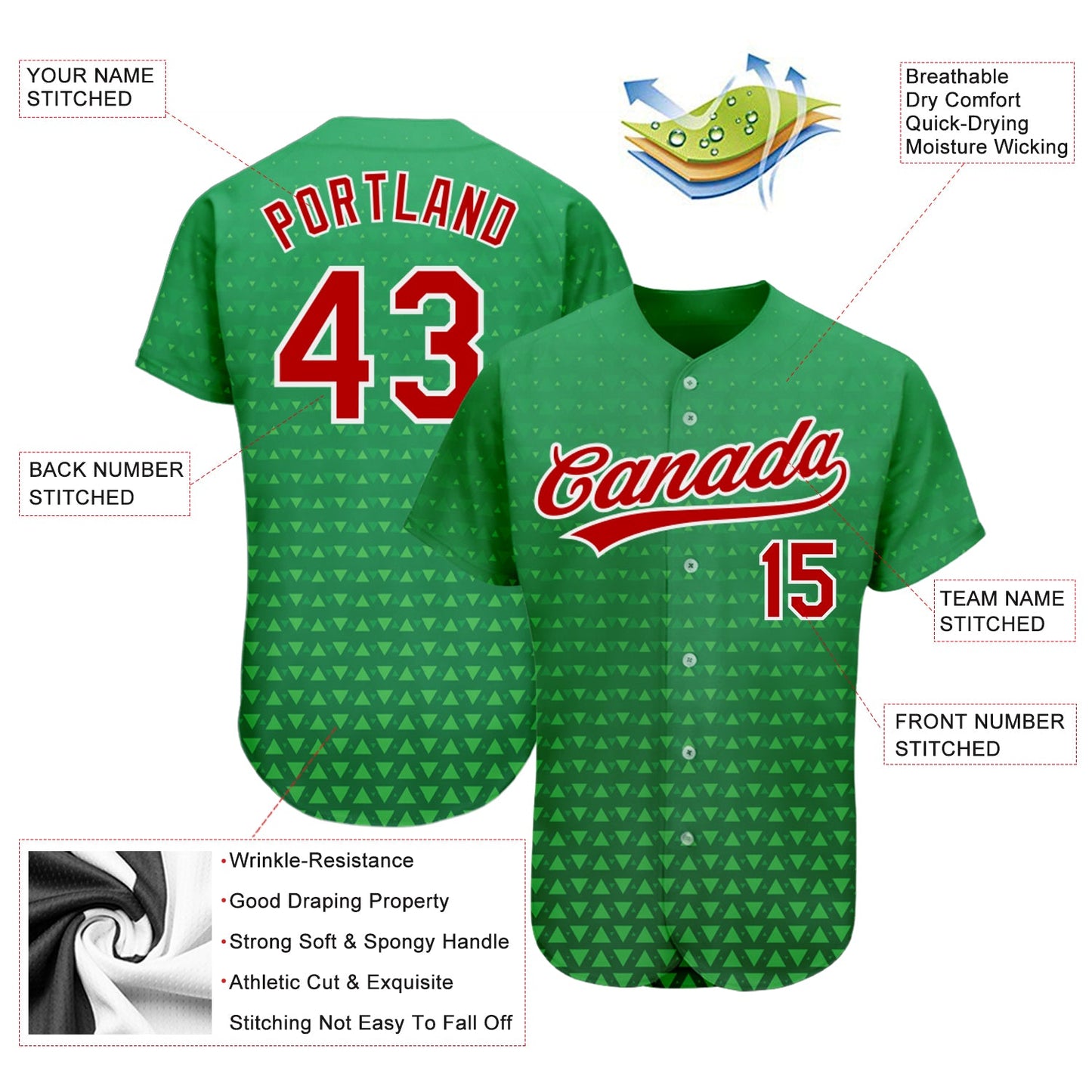 Custom Kelly Green Red-White 3D Pattern Design Authentic Baseball Jersey - Sky-Custom