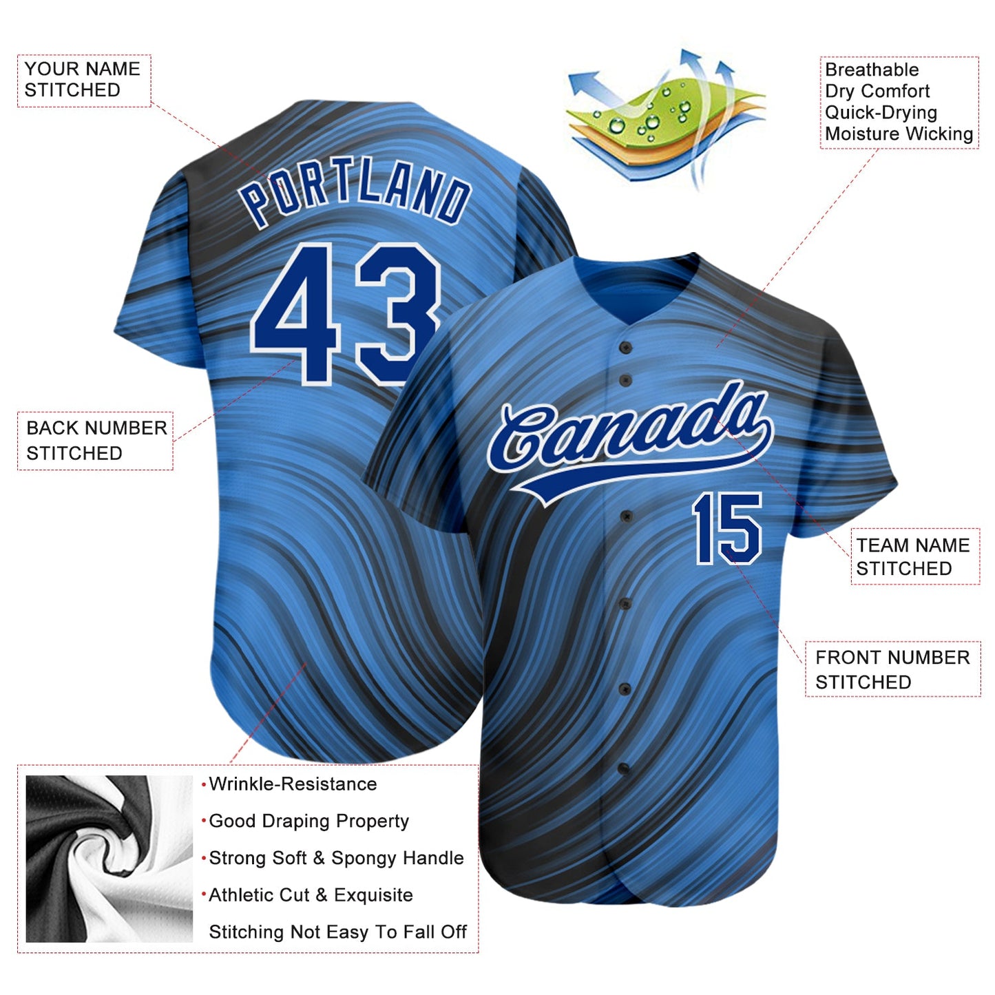 Custom Light Blue Royal-Black 3D Pattern Design Authentic Baseball Jersey - Sky-Custom