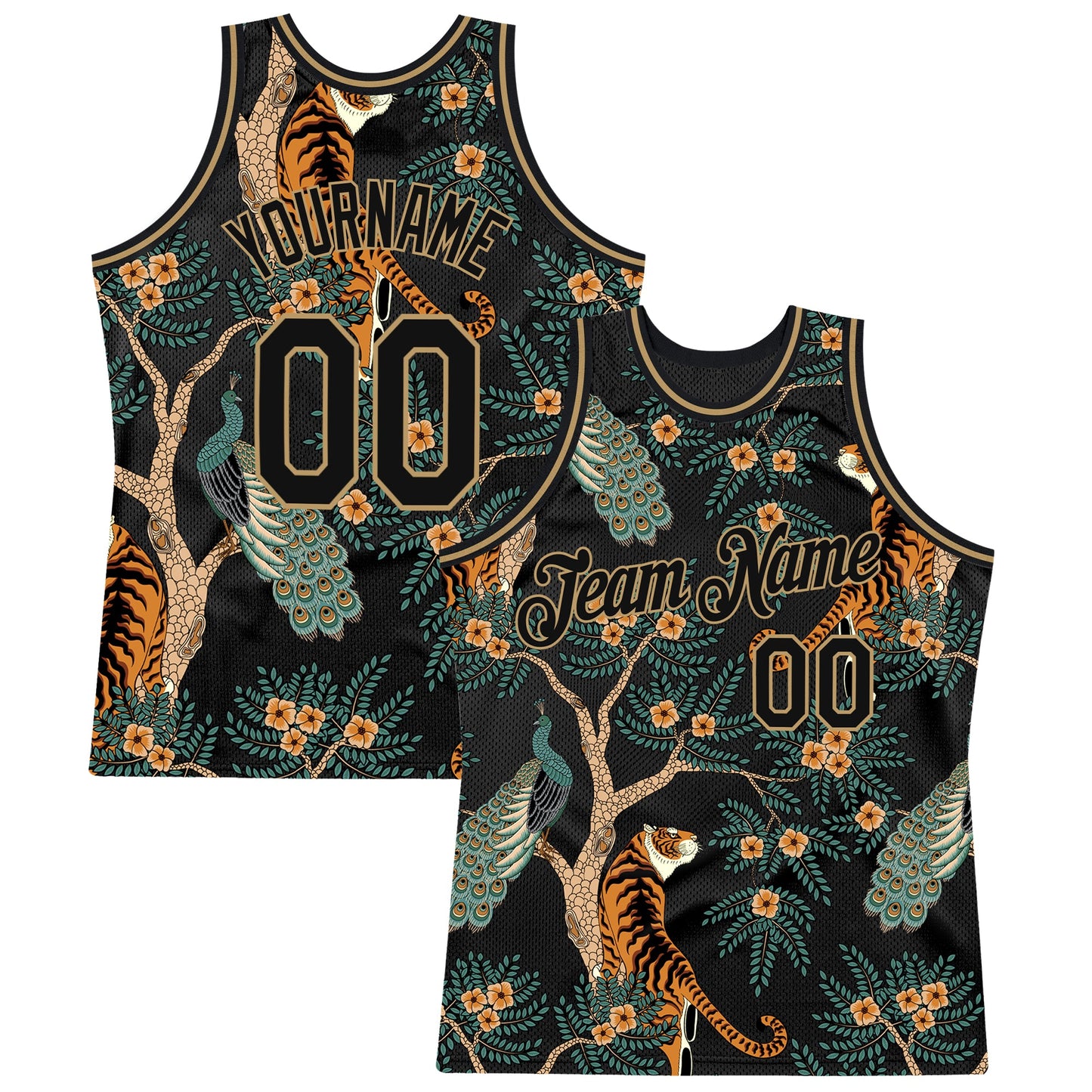 Custom Black Black-Old Gold 3D Pattern Design Tiger And Peacock Authentic Basketball Jersey - Sky-Custom