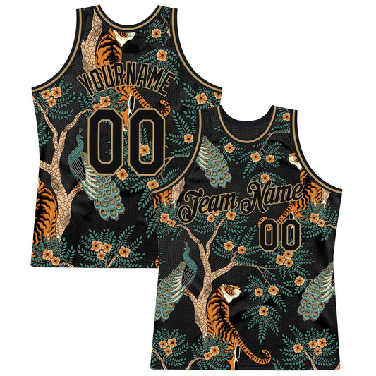 Custom Black Black-Old Gold 3D Pattern Design Tiger And Peacock Authentic Basketball Jersey - Sky-Custom
