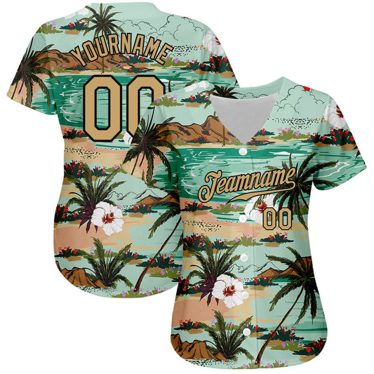 Custom Aqua Old Gold-Black 3D Pattern Design Hawaii Palm Trees And Flowers Authentic Baseball Jersey - Sky-Custom