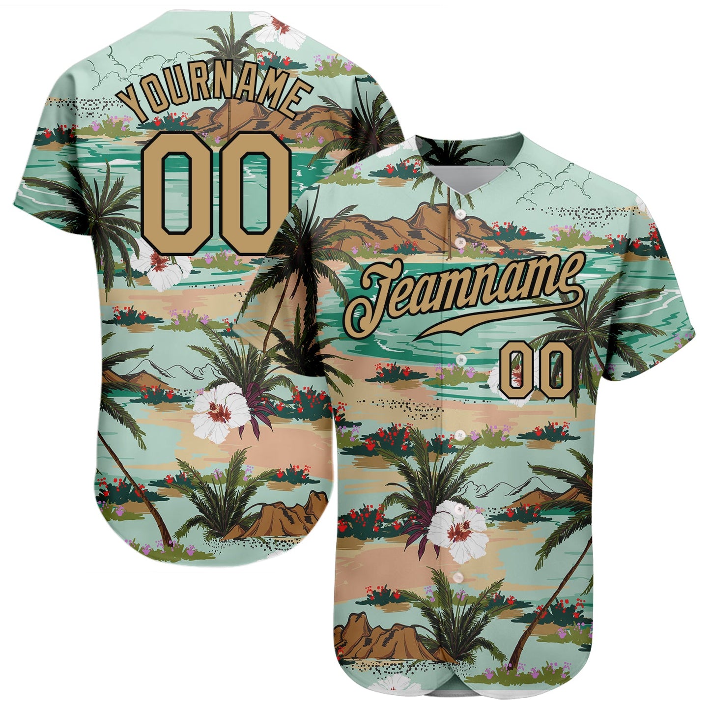 Custom Aqua Old Gold-Black 3D Pattern Design Hawaii Palm Trees And Flowers Authentic Baseball Jersey - Sky-Custom