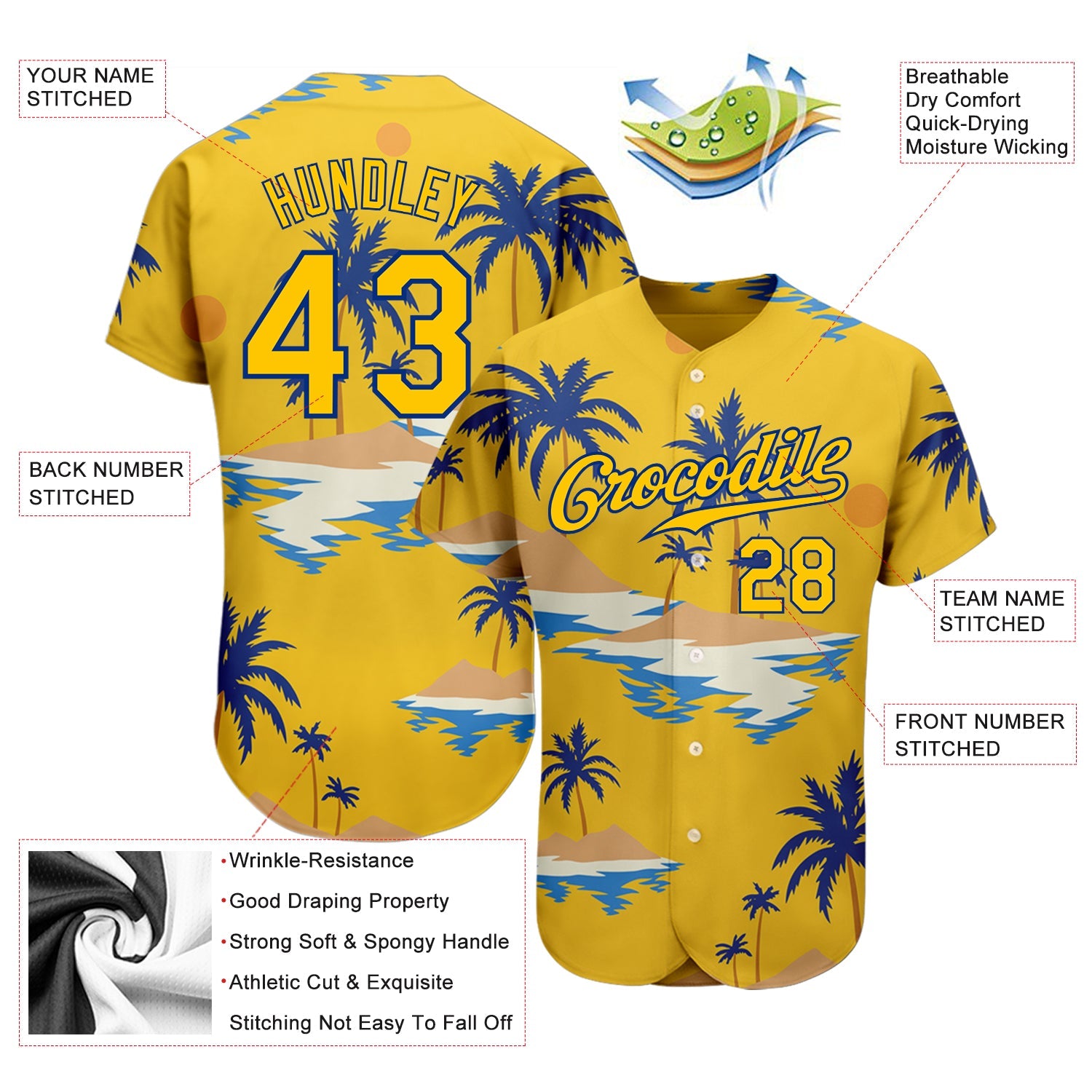 Custom Yellow Royal 3D Pattern Design Sun Beach Hawaii Palm Trees Authentic Baseball Jersey - Sky-Custom