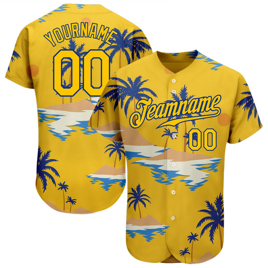 Custom Yellow Royal 3D Pattern Design Sun Beach Hawaii Palm Trees Authentic Baseball Jersey - Sky-Custom