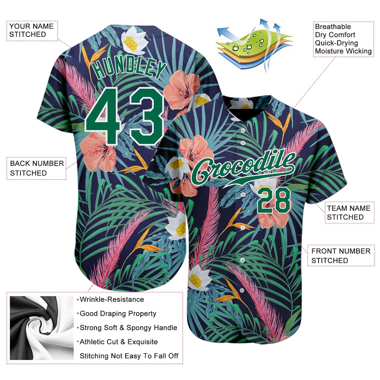 Custom Black Kelly Green-White 3D Pattern Design Hawaii Palm Leaves And Flowers Authentic Baseball Jersey - Sky-Custom