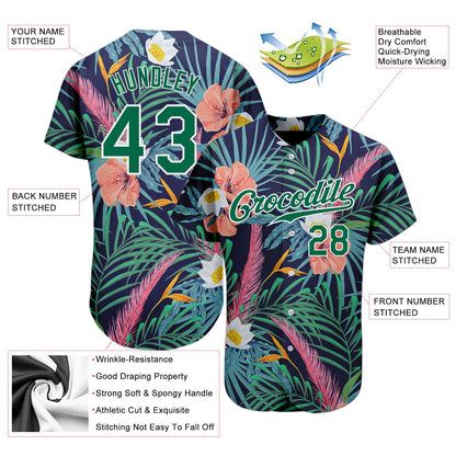 Custom Black Kelly Green-White 3D Pattern Design Hawaii Palm Leaves And Flowers Authentic Baseball Jersey - Sky-Custom