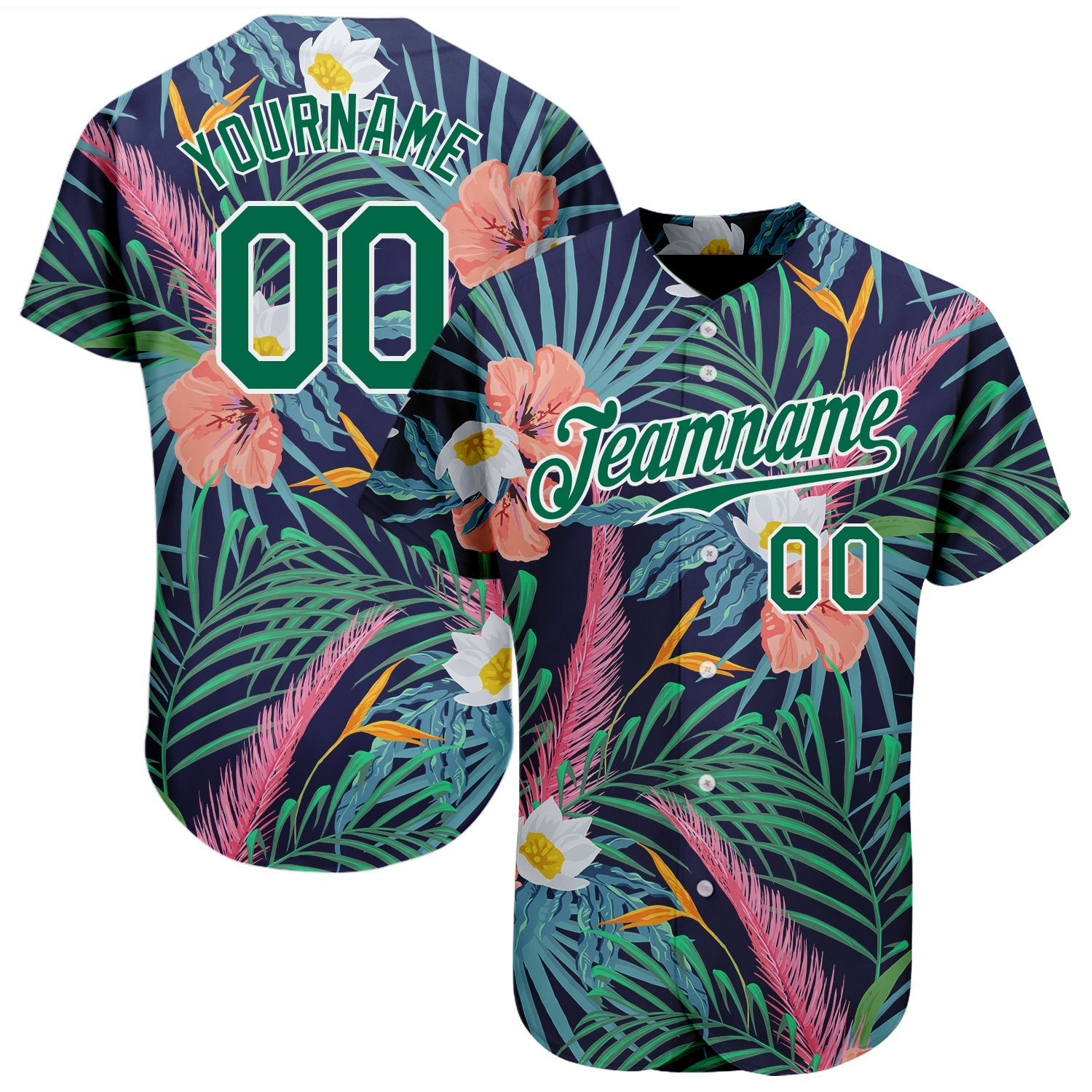 Custom Black Kelly Green-White 3D Pattern Design Hawaii Palm Leaves And Flowers Authentic Baseball Jersey - Sky-Custom