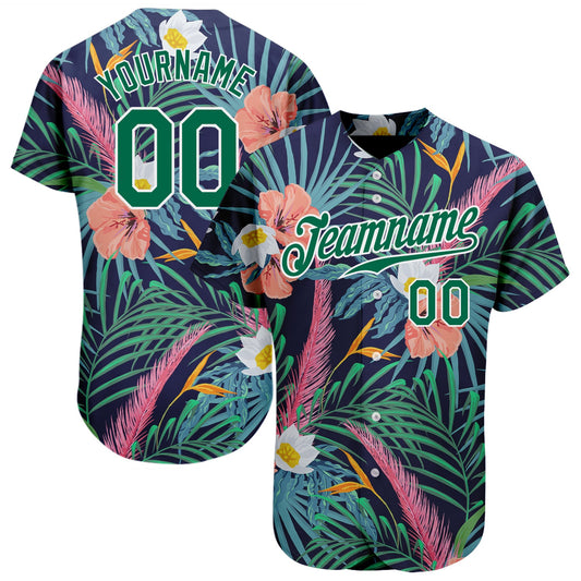 Custom Black Kelly Green-White 3D Pattern Design Hawaii Palm Leaves And Flowers Authentic Baseball Jersey - Sky-Custom